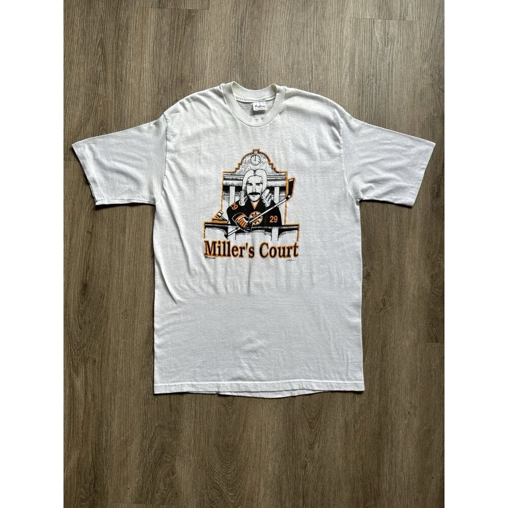 Vintage 90s NHL Boston Bruins Millers Court Hockey Stedman XL White Shirt Rare